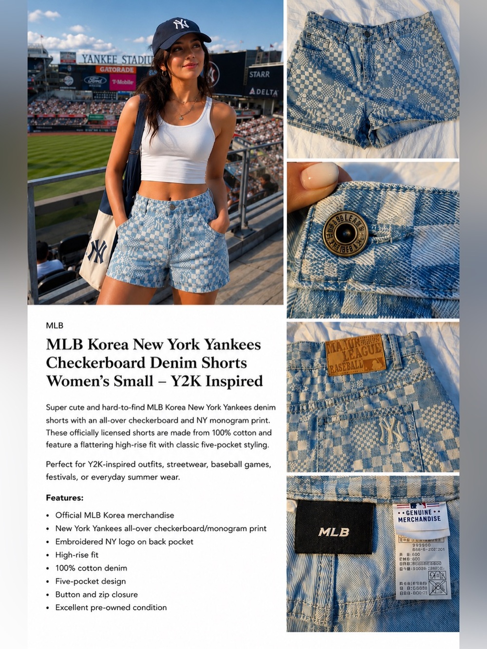 MLB Korea New York Yankees Checkerboard Denim Shorts - Women’s S Y2K Inspired